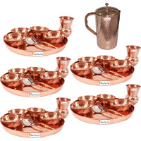 Prisha India Craft B. Set of 5 Dinnerware Traditional 100% Pure Copper Dinner Set of Thali Plate, Bowls, Glass and Spoon, Dia 12  With 1 Pure Copper Hammered Pitcher Jug - Christmas Gift
