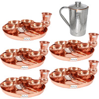 Prisha India Craft B. Set of 5 Dinnerware Traditional 100% Pure Copper Dinner Set of Thali Plate, Bowls, Glass and Spoon, Dia 12  With 1 Stainless Steel Copper Hammered Pitcher Jug - Christmas Gift