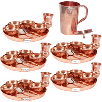 Prisha India Craft B. Set of 5 Dinnerware Traditional 100% Pure Copper Dinner Set of Thali Plate, Bowls, Glass and Spoon, Dia 12  With 1 Pure Copper Embossed Pitcher Jug - Christmas Gift