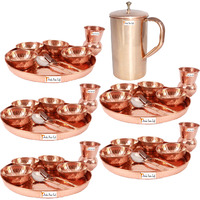 Prisha India Craft B. Set of 5 Dinnerware Traditional 100% Pure Copper Dinner Set of Thali Plate, Bowls, Glass and Spoon, Dia 12  With 1 Pure Copper Classic Pitcher Jug - Christmas Gift
