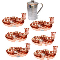 Prisha India Craft B. Set of 6 Dinnerware Traditional 100% Pure Copper Dinner Set of Thali Plate, Bowls, Glass and Spoon, Dia 12  With 1 Pure Copper Pitcher Jug - Christmas Gift