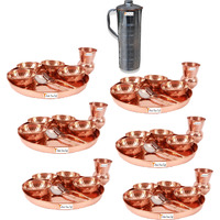 Prisha India Craft B. Set of 6 Dinnerware Traditional 100% Pure Copper Dinner Set of Thali Plate, Bowls, Glass and Spoon, Dia 12  With 1 Luxury Style Stainless Steel Copper Pitcher Jug - Christmas Gift