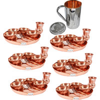 Prisha India Craft B. Set of 6 Dinnerware Traditional 100% Pure Copper Dinner Set of Thali Plate, Bowls, Glass and Spoon, Dia 12  With 1 Stainless Steel Copper Pitcher Jug - Christmas Gift