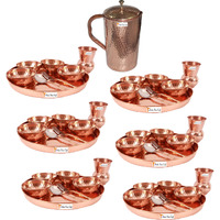 Prisha India Craft B. Set of 6 Dinnerware Traditional 100% Pure Copper Dinner Set of Thali Plate, Bowls, Glass and Spoon, Dia 12  With 1 Pure Copper Hammered Pitcher Jug - Christmas Gift