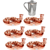 Prisha India Craft B. Set of 6 Dinnerware Traditional 100% Pure Copper Dinner Set of Thali Plate, Bowls, Glass and Spoon, Dia 12  With 1 Stainless Steel Copper Hammered Pitcher Jug - Christmas Gift