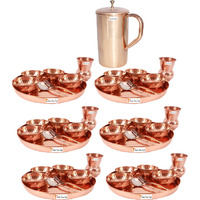 Prisha India Craft B. Set of 6 Dinnerware Traditional 100% Pure Copper Dinner Set of Thali Plate, Bowls, Glass and Spoon, Dia 12  With 1 Pure Copper Classic Pitcher Jug - Christmas Gift