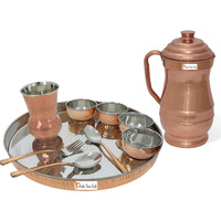 Prisha India Craft B. Dinnerware Traditional Stainless Steel Copper Dinner Set of Thali Plate, Bowls, Glass and Spoons, Dia 13  With 1 Pure Copper Maharaja Pitcher Jug - Christmas Gift