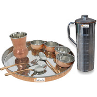 Prisha India Craft B. Dinnerware Traditional Stainless Steel Copper Dinner Set of Thali Plate, Bowls, Glass and Spoons, Dia 13  With 1 Luxury Style Stainless Steel Copper Pitcher Jug - Christmas Gift