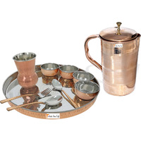 Prisha India Craft B. Dinnerware Traditional Stainless Steel Copper Dinner Set of Thali Plate, Bowls, Glass and Spoons, Dia 13  With 1 Luxury Style Pure Copper Pitcher Jug - Christmas Gift