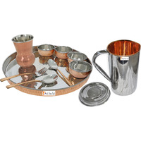 Prisha India Craft B. Dinnerware Traditional Stainless Steel Copper Dinner Set of Thali Plate, Bowls, Glass and Spoons, Dia 13  With 1 Stainless Steel Copper Pitcher Jug - Christmas Gift
