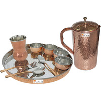 Prisha India Craft B. Dinnerware Traditional Stainless Steel Copper Dinner Set of Thali Plate, Bowls, Glass and Spoons, Dia 13  With 1 Pure Copper Hammered Pitcher Jug - Christmas Gift