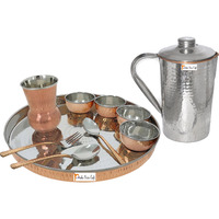 Prisha India Craft B. Dinnerware Traditional Stainless Steel Copper Dinner Set of Thali Plate, Bowls, Glass and Spoons, Dia 13  With 1 Stainless Steel Copper Hammered Pitcher Jug - Christmas Gift