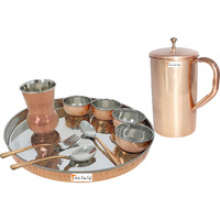 Prisha India Craft B. Dinnerware Traditional Stainless Steel Copper Dinner Set of Thali Plate, Bowls, Glass and Spoons, Dia 13  With 1 Pure Copper Classic Pitcher Jug - Christmas Gift