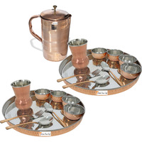 Prisha India Craft B. Set of 2 Dinnerware Traditional Stainless Steel Copper Dinner Set of Thali Plate, Bowls, Glass and Spoons, Dia 13  With 1 Luxury Style Pure Copper Pitcher Jug - Christmas Gift