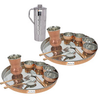 Prisha India Craft B. Set of 2 Dinnerware Traditional Stainless Steel Copper Dinner Set of Thali Plate, Bowls, Glass and Spoons, Dia 13  With 1 Luxury Style Stainless Steel Copper Pitcher Jug - Christmas Gift