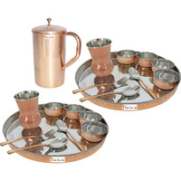 Prisha India Craft B. Set of 2 Dinnerware Traditional Stainless Steel Copper Dinner Set of Thali Plate, Bowls, Glass and Spoons, Dia 13  With 1 Pure Copper Classic Pitcher Jug - Christmas Gift