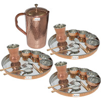 Prisha India Craft B. Set of 3 Dinnerware Traditional Stainless Steel Copper Dinner Set of Thali Plate, Bowls, Glass and Spoons, Dia 13  With 1 Pure Copper Hammered Pitcher Jug - Christmas Gift