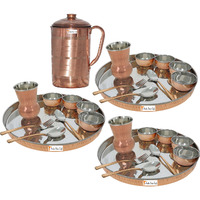 Prisha India Craft B. Set of 3 Dinnerware Traditional Stainless Steel Copper Dinner Set of Thali Plate, Bowls, Glass and Spoons, Dia 13  With 1 Pure Copper Pitcher Jug - Christmas Gift