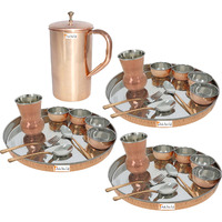 Prisha India Craft B. Set of 3 Dinnerware Traditional Stainless Steel Copper Dinner Set of Thali Plate, Bowls, Glass and Spoons, Dia 13  With 1 Pure Copper Classic Pitcher Jug - Christmas Gift