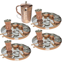 Prisha India Craft B. Set of 4 Dinnerware Traditional Stainless Steel Copper Dinner Set of Thali Plate, Bowls, Glass and Spoons, Dia 13  With 1 Luxury Style Pure Copper Pitcher Jug - Christmas Gift