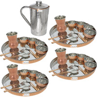 Prisha India Craft B. Set of 4 Dinnerware Traditional Stainless Steel Copper Dinner Set of Thali Plate, Bowls, Glass and Spoons, Dia 13  With 1 Stainless Steel Copper Hammered Pitcher Jug - Christmas Gift