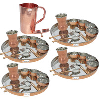 Prisha India Craft B. Set of 4 Dinnerware Traditional Stainless Steel Copper Dinner Set of Thali Plate, Bowls, Glass and Spoons, Dia 13  With 1 Pure Copper Embossed Pitcher Jug - Christmas Gift