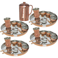 Prisha India Craft B. Set of 4 Dinnerware Traditional Stainless Steel Copper Dinner Set of Thali Plate, Bowls, Glass and Spoons, Dia 13  With 1 Pure Copper Pitcher Jug - Christmas Gift