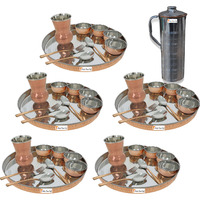 Prisha India Craft B. Set of 5 Dinnerware Traditional Stainless Steel Copper Dinner Set of Thali Plate, Bowls, Glass and Spoons, Dia 13  With 1 Luxury Style Stainless Steel Copper Pitcher Jug - Christmas Gift