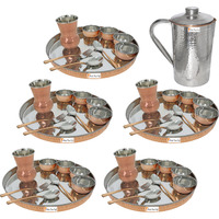 Prisha India Craft B. Set of 5 Dinnerware Traditional Stainless Steel Copper Dinner Set of Thali Plate, Bowls, Glass and Spoons, Dia 13  With 1 Stainless Steel Copper Hammered Pitcher Jug - Christmas Gift