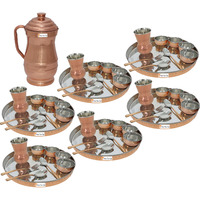 Prisha India Craft B. Set of 6 Dinnerware Traditional Stainless Steel Copper Dinner Set of Thali Plate, Bowls, Glass and Spoons, Dia 13  With 1 Pure Copper Maharaja Pitcher Jug - Christmas Gift