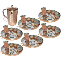 Prisha India Craft B. Set of 6 Dinnerware Traditional Stainless Steel Copper Dinner Set of Thali Plate, Bowls, Glass and Spoons, Dia 13  With 1 Luxury Style Pure Copper Pitcher Jug - Christmas Gift