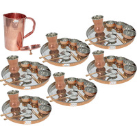 Prisha India Craft B. Set of 6 Dinnerware Traditional Stainless Steel Copper Dinner Set of Thali Plate, Bowls, Glass and Spoons, Dia 13  With 1 Pure Copper Embossed Pitcher Jug - Christmas Gift