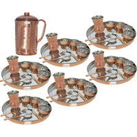 Prisha India Craft B. Set of 6 Dinnerware Traditional Stainless Steel Copper Dinner Set of Thali Plate, Bowls, Glass and Spoons, Dia 13  With 1 Pure Copper Pitcher Jug - Christmas Gift