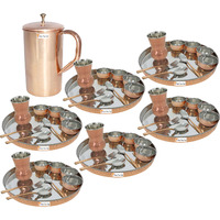 Prisha India Craft B. Set of 6 Dinnerware Traditional Stainless Steel Copper Dinner Set of Thali Plate, Bowls, Glass and Spoons, Dia 13  With 1 Pure Copper Classic Pitcher Jug - Christmas Gift