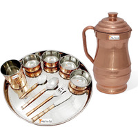Prisha India Craft B. Dinnerware Traditional Stainless Steel Copper Dinner Set of Thali Plate, Bowls, Glass and Spoons, Dia 13  With 1 Pure Copper Maharaja Pitcher Jug - Christmas Gift