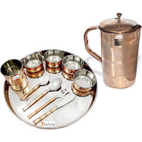 Prisha India Craft B. Dinnerware Traditional Stainless Steel Copper Dinner Set of Thali Plate, Bowls, Glass and Spoons, Dia 13  With 1 Luxury Style Pure Copper Pitcher Jug - Christmas Gift