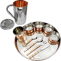 Prisha India Craft B. Dinnerware Traditional Stainless Steel Copper Dinner Set of Thali Plate, Bowls, Glass and Spoons, Dia 13  With 1 Stainless Steel Copper Pitcher Jug - Christmas Gift