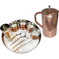 Prisha India Craft B. Dinnerware Traditional Stainless Steel Copper Dinner Set of Thali Plate, Bowls, Glass and Spoons, Dia 13  With 1 Pure Copper Hammered Pitcher Jug - Christmas Gift