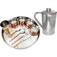 Prisha India Craft B. Dinnerware Traditional Stainless Steel Copper Dinner Set of Thali Plate, Bowls, Glass and Spoons, Dia 13  With 1 Stainless Steel Copper Hammered Pitcher Jug - Christmas Gift