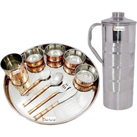 Prisha India Craft B. Dinnerware Traditional Stainless Steel Copper Dinner Set of Thali Plate, Bowls, Glass and Spoons, Dia 13  With 1 Luxury Style Stainless Steel Copper Pitcher Jug - Christmas Gift