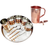 Prisha India Craft B. Dinnerware Traditional Stainless Steel Copper Dinner Set of Thali Plate, Bowls, Glass and Spoons, Dia 13  With 1 Pure Copper Embossed Pitcher Jug - Christmas Gift