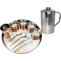 Prisha India Craft B. Dinnerware Traditional Stainless Steel Copper Dinner Set of Thali Plate, Bowls, Glass and Spoons, Dia 13  With 1 Embossed Stainless Steel Copper Pitcher Jug - Christmas Gift