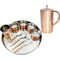 Prisha India Craft B. Dinnerware Traditional Stainless Steel Copper Dinner Set of Thali Plate, Bowls, Glass and Spoons, Dia 13  With 1 Pure Copper Classic Pitcher Jug - Christmas Gift