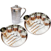 Prisha India Craft B. Set of 2 Dinnerware Traditional Stainless Steel Copper Dinner Set of Thali Plate, Bowls, Glass and Spoons, Dia 13  With 1 Pure Copper Pitcher Jug - Christmas Gift