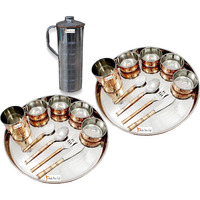 Prisha India Craft B. Set of 2 Dinnerware Traditional Stainless Steel Copper Dinner Set of Thali Plate, Bowls, Glass and Spoons, Dia 13  With 1 Luxury Style Stainless Steel Copper Pitcher Jug - Christmas Gift