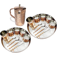 Prisha India Craft B. Set of 2 Dinnerware Traditional Stainless Steel Copper Dinner Set of Thali Plate, Bowls, Glass and Spoons, Dia 13  With 1 Luxury Style Pure Copper Pitcher Jug - Christmas Gift