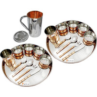 Prisha India Craft B. Set of 2 Dinnerware Traditional Stainless Steel Copper Dinner Set of Thali Plate, Bowls, Glass and Spoons, Dia 13  With 1 Stainless Steel Copper Pitcher Jug - Christmas Gift