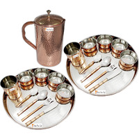 Prisha India Craft B. Set of 2 Dinnerware Traditional Stainless Steel Copper Dinner Set of Thali Plate, Bowls, Glass and Spoons, Dia 13  With 1 Pure Copper Hammered Pitcher Jug - Christmas Gift