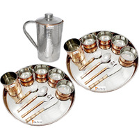 Prisha India Craft B. Set of 2 Dinnerware Traditional Stainless Steel Copper Dinner Set of Thali Plate, Bowls, Glass and Spoons, Dia 13  With 1 Stainless Steel Copper Hammered Pitcher Jug - Christmas Gift