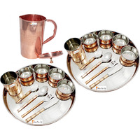 Prisha India Craft B. Set of 2 Dinnerware Traditional Stainless Steel Copper Dinner Set of Thali Plate, Bowls, Glass and Spoons, Dia 13  With 1 Pure Copper Embossed Pitcher Jug - Christmas Gift